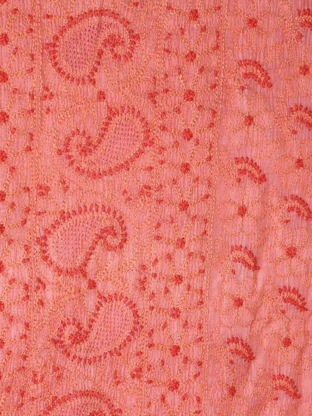 Ada Hand Embroidered Salmon Peach Silk Lucknowi Chikankari Semi-stitched Suit Set 01A368197
