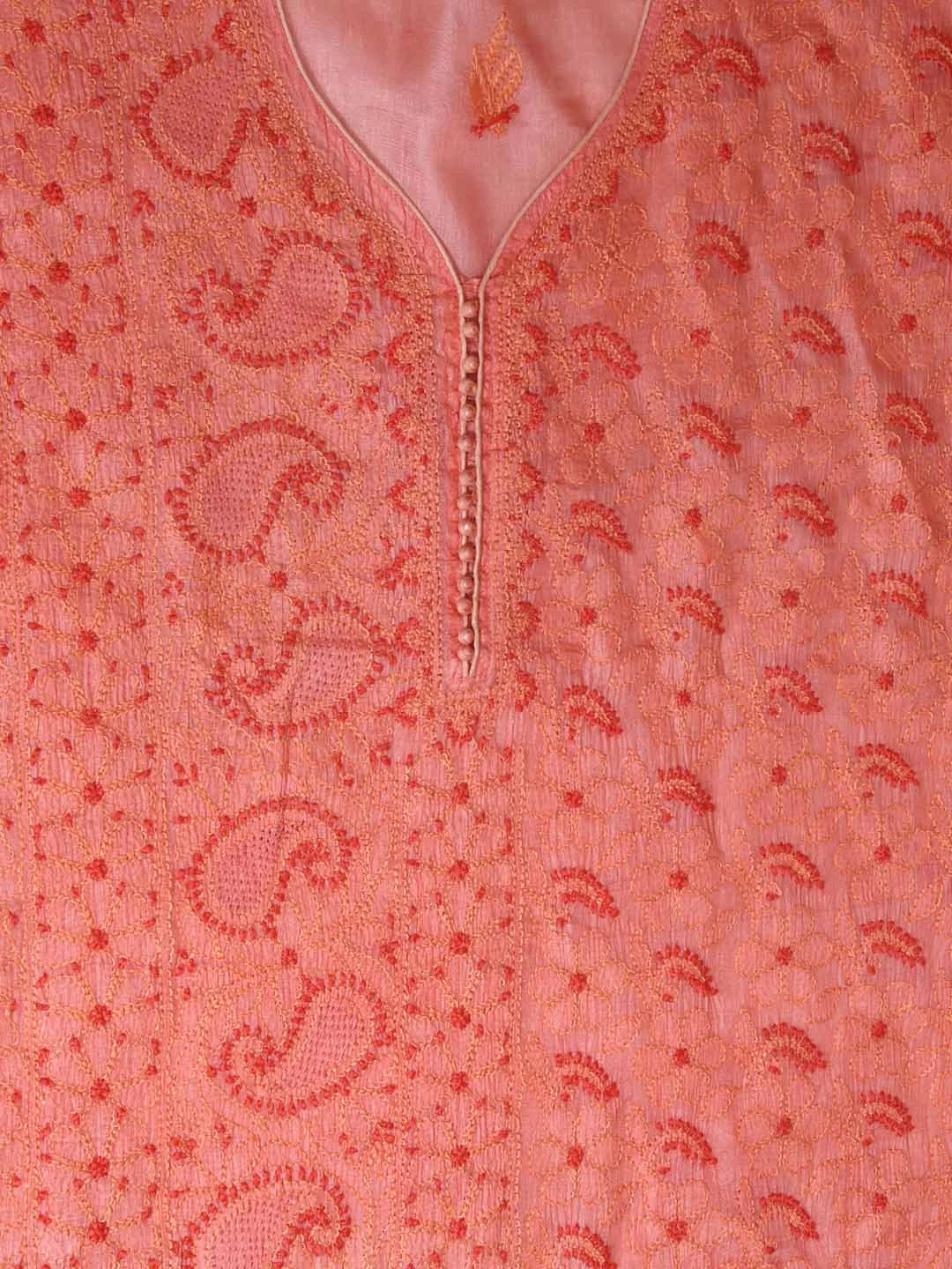 Ada Hand Embroidered Salmon Peach Silk Lucknowi Chikankari Semi-stitched Suit Set 01A368197