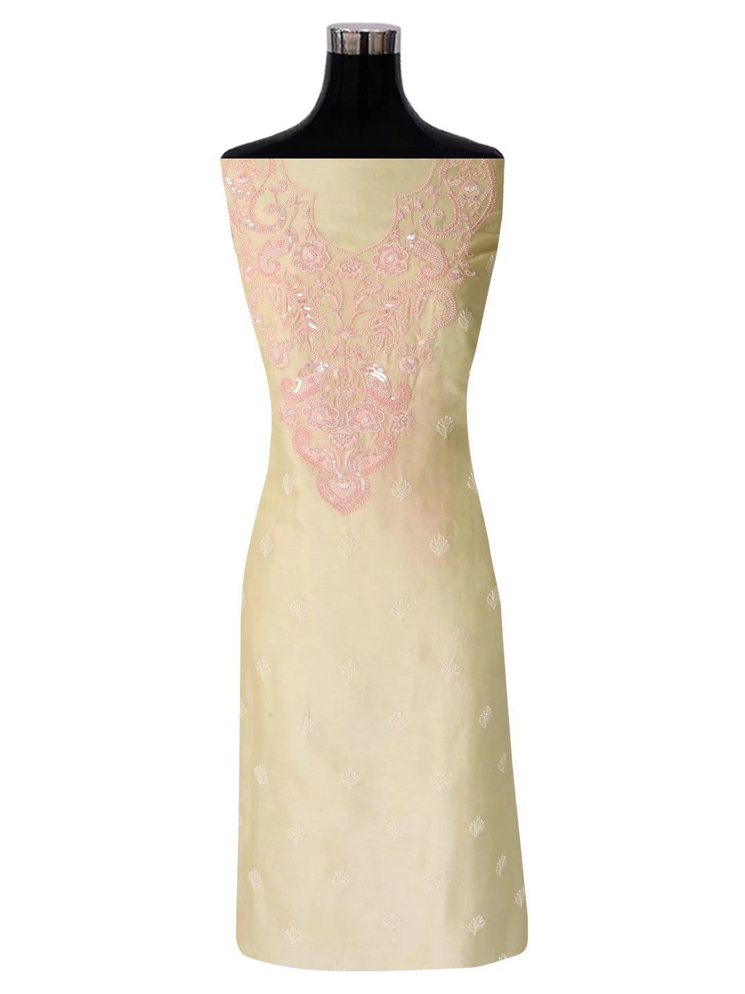 Ada Hand Embroidered Light Fawn Chanderi Lucknowi Chikankari Unstitched Kurta Dupatta Set With Pearl Work 01A196840