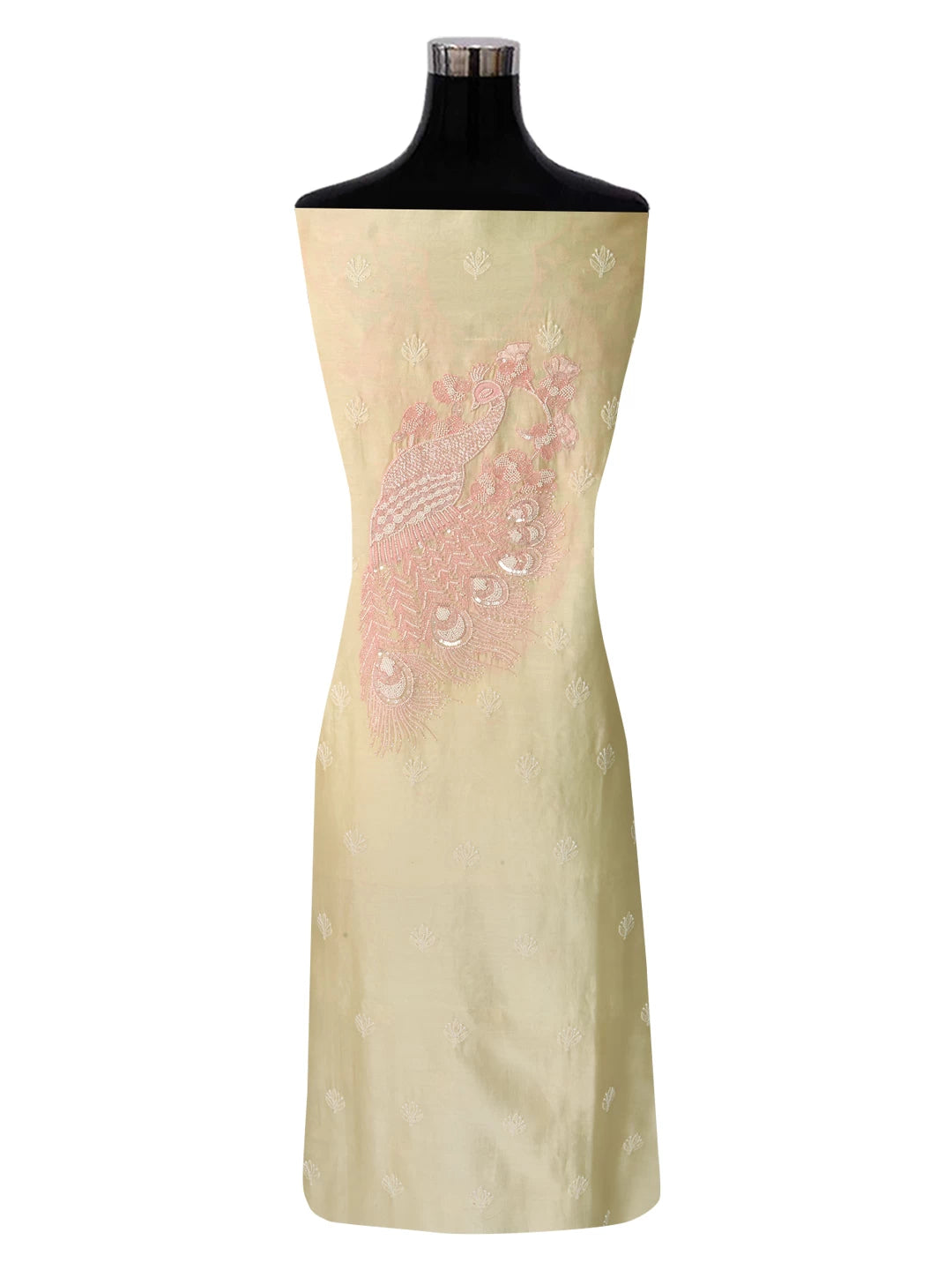 Ada Hand Embroidered Light Fawn Chanderi Lucknowi Chikankari Unstitched Kurta Dupatta Set With Pearl Work 01A196840