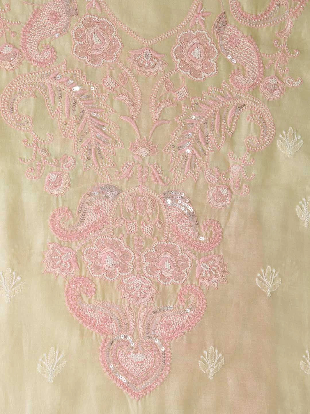 Ada Hand Embroidered Light Fawn Chanderi Lucknowi Chikankari Unstitched Kurta Dupatta Set With Pearl Work 01A196840