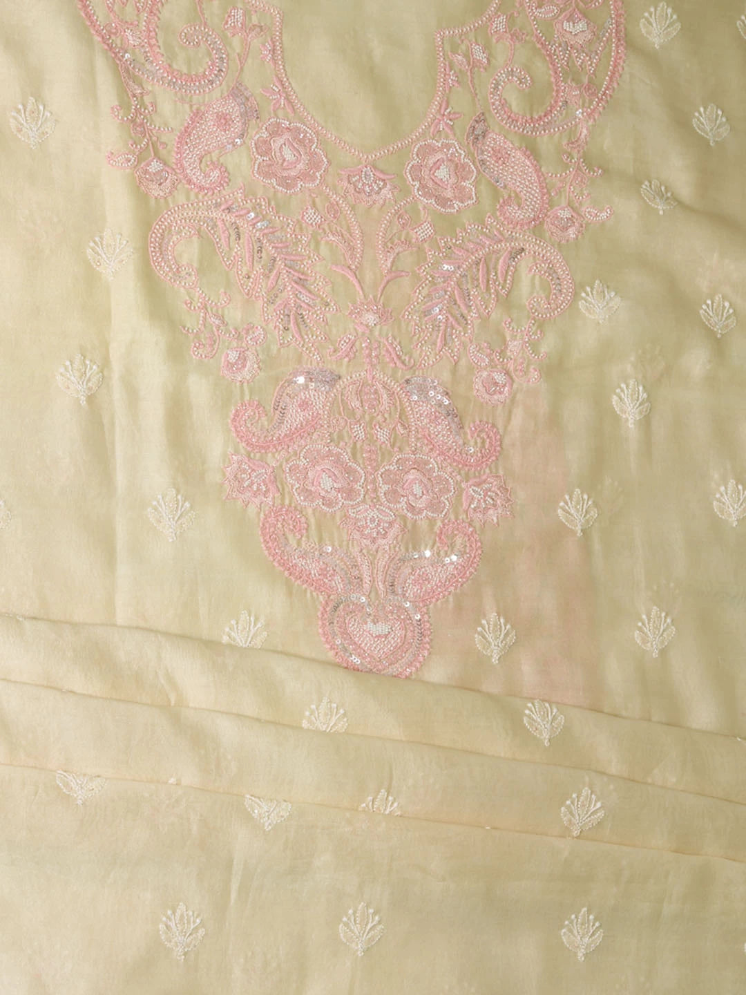Ada Hand Embroidered Light Fawn Chanderi Lucknowi Chikankari Unstitched Kurta Dupatta Set With Pearl Work 01A196840