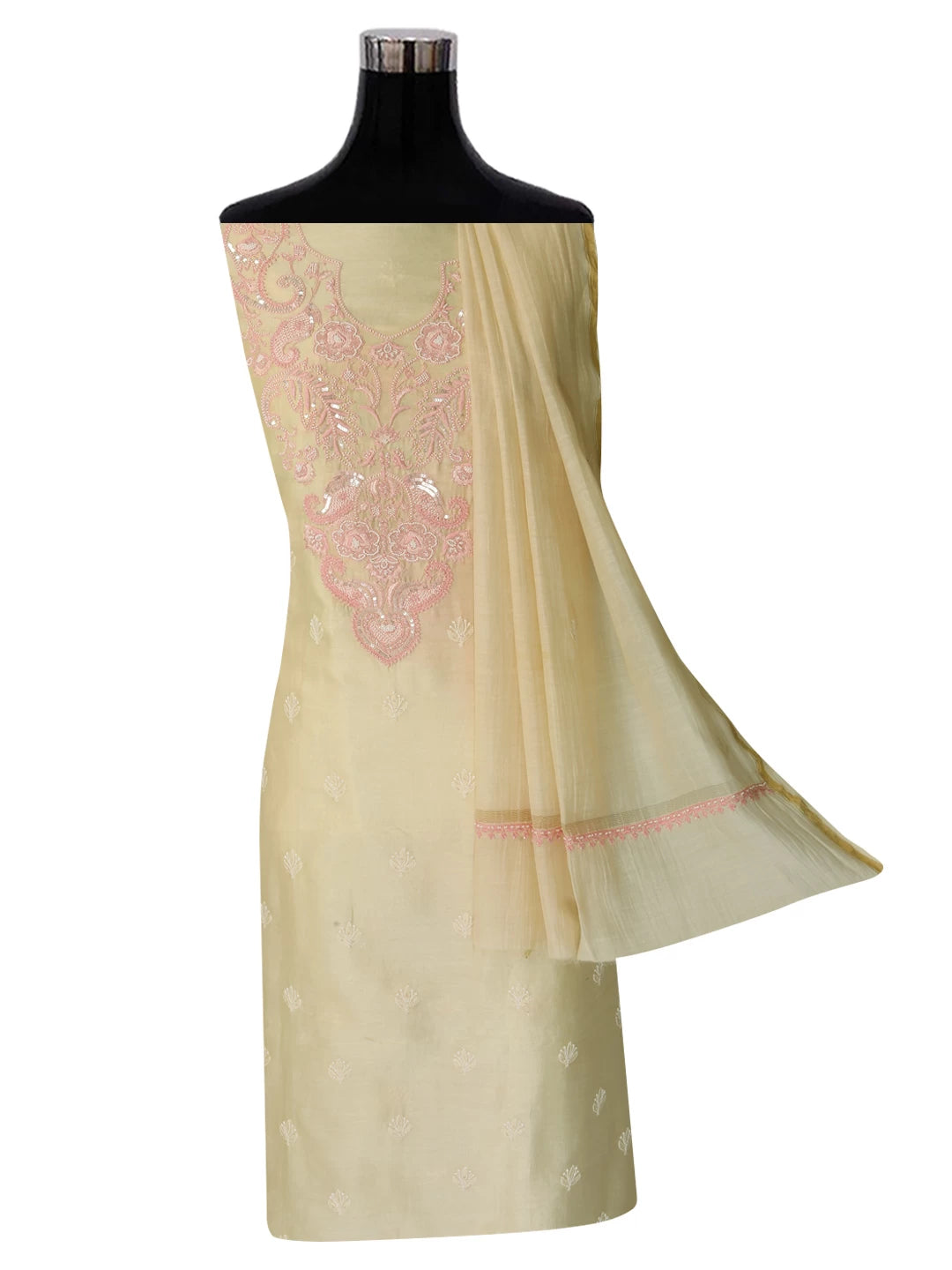 Ada Hand Embroidered Light Fawn Chanderi Lucknowi Chikankari Unstitched Kurta Dupatta Set With Pearl Work 01A196840