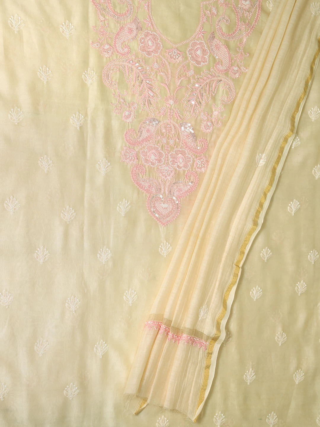 Ada Hand Embroidered Light Fawn Chanderi Lucknowi Chikankari Unstitched Kurta Dupatta Set With Pearl Work 01A196840
