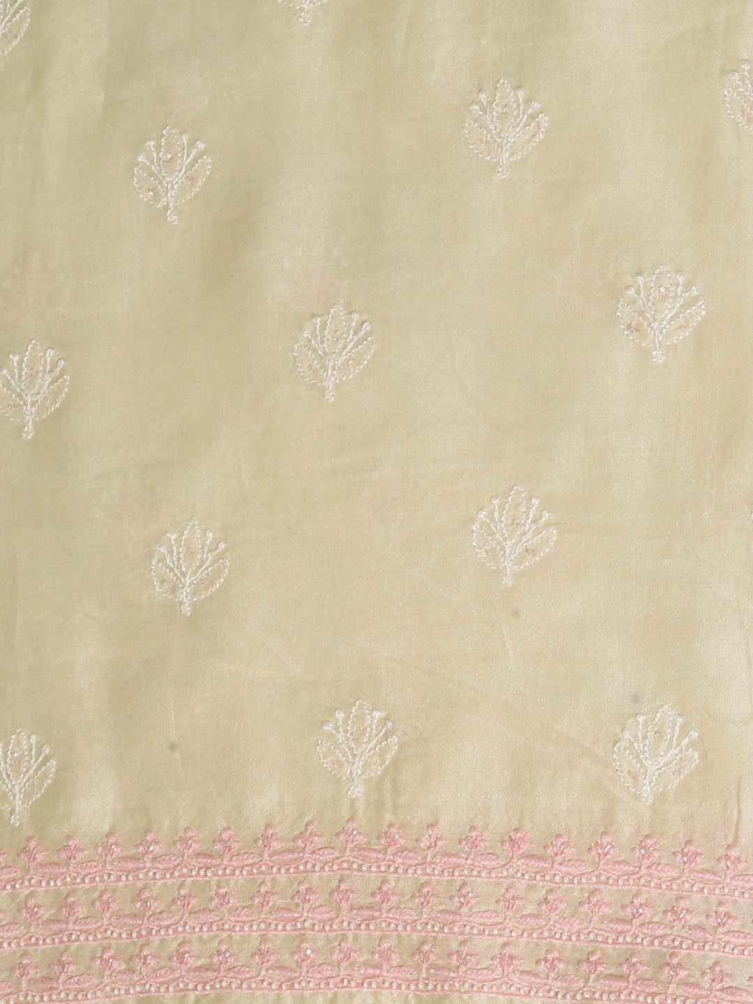 Ada Hand Embroidered Light Fawn Chanderi Lucknowi Chikankari Unstitched Kurta Dupatta Set With Pearl Work 01A196840