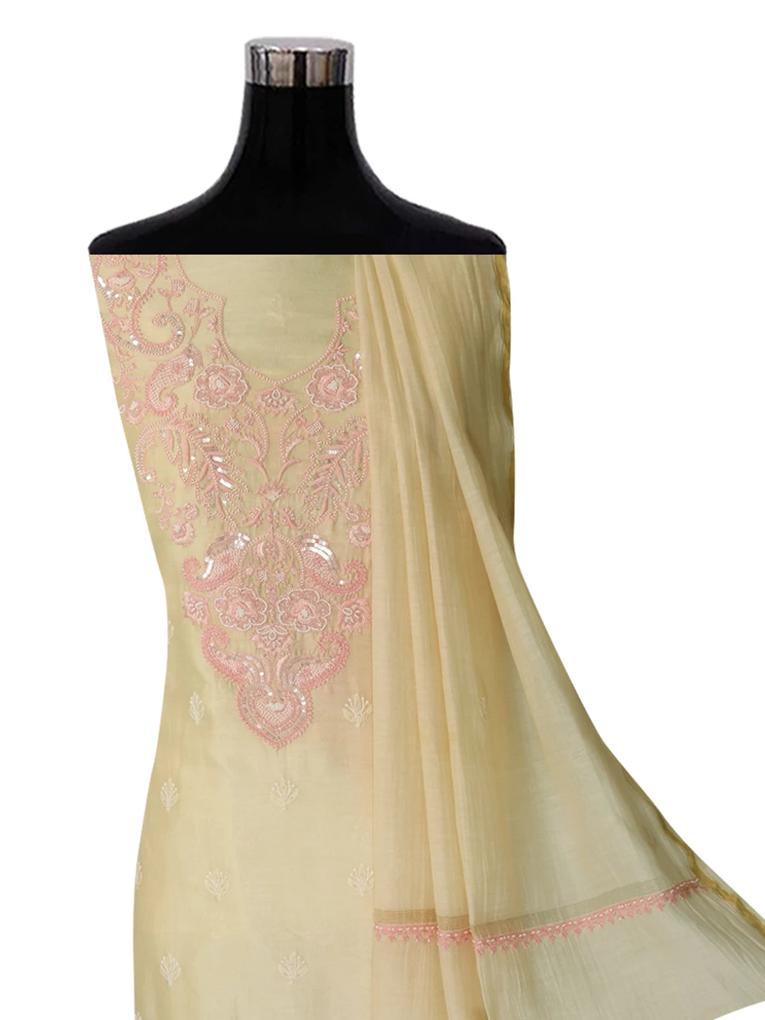 Ada Hand Embroidered Light Fawn Chanderi Lucknowi Chikankari Unstitched Kurta Dupatta Set With Pearl Work 01A196840