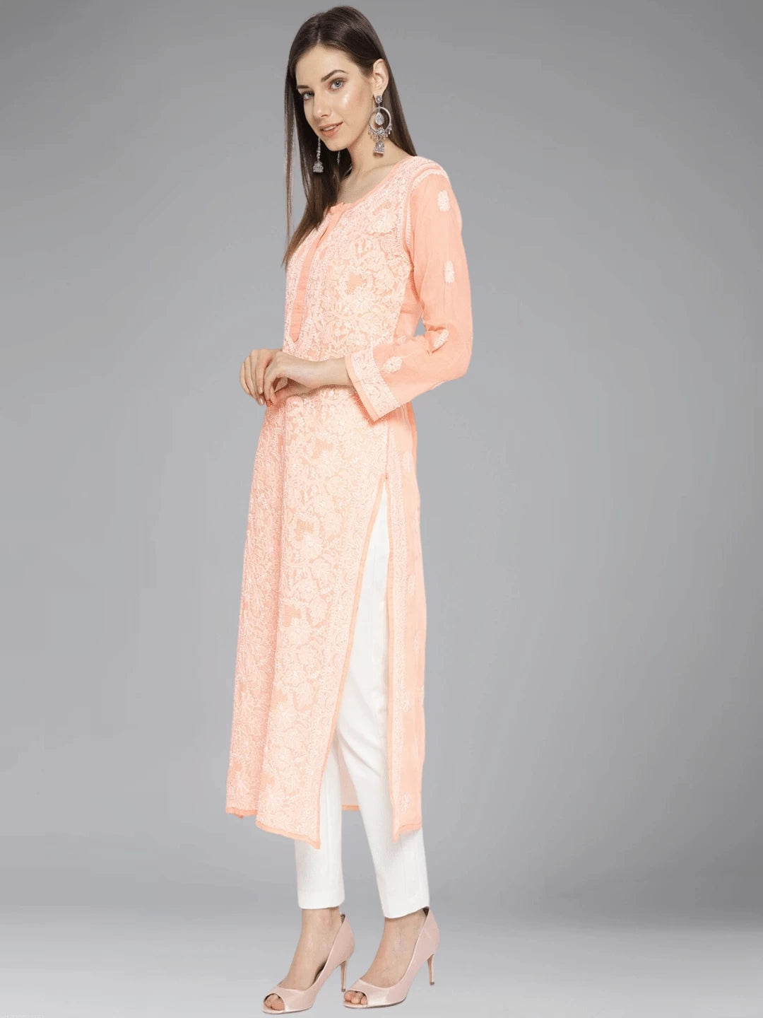 Ada Hand Embroidered Peach Cotton Lucknowi Chikankari Straight Kurta A100125