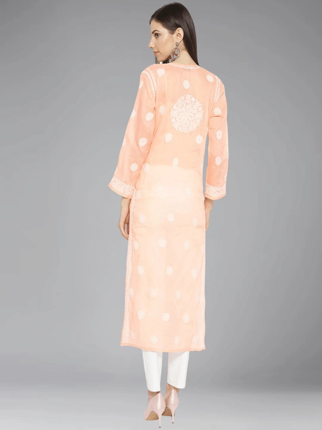 Ada Hand Embroidered Peach Cotton Lucknowi Chikankari Straight Kurta A100125