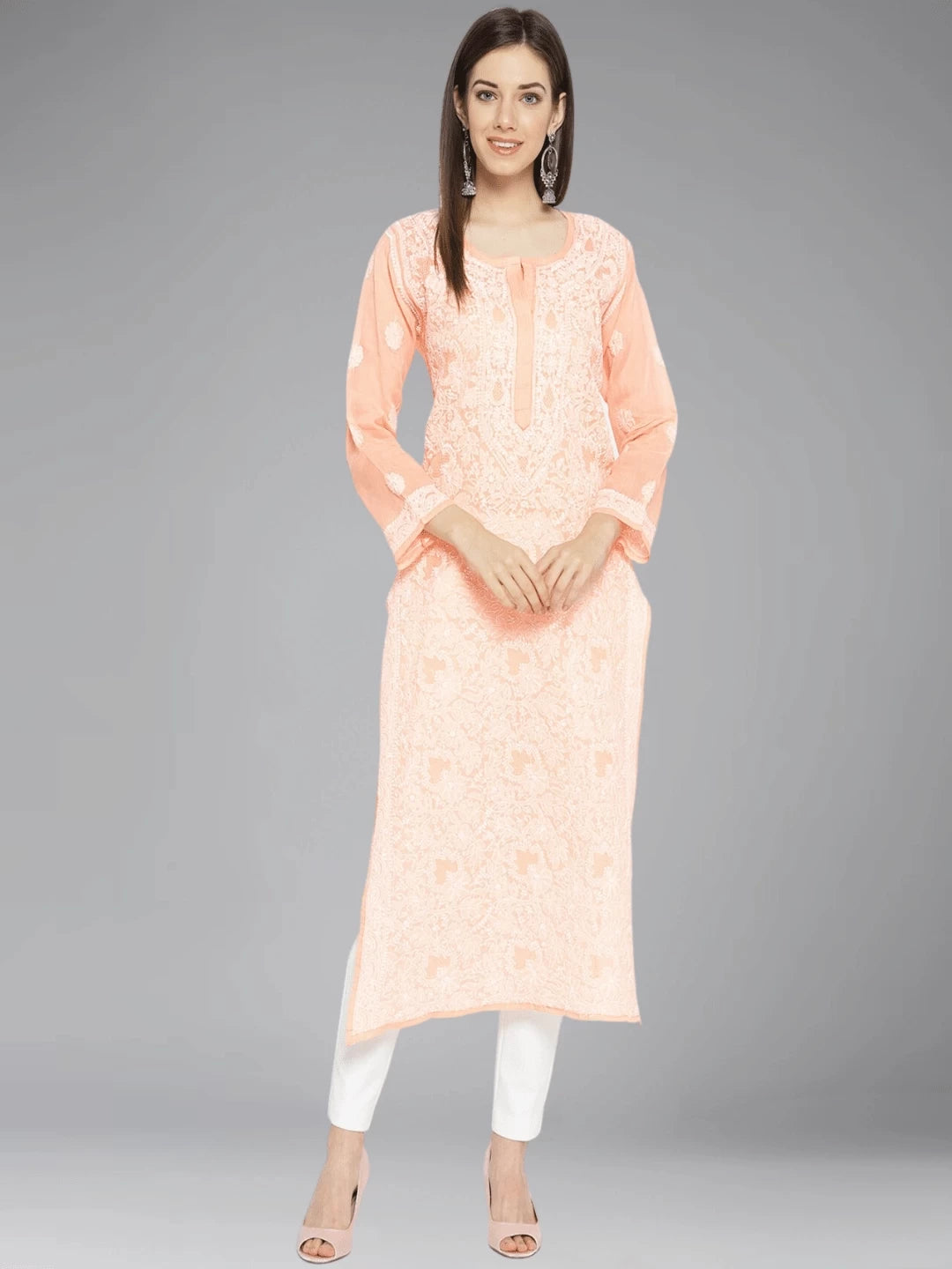 Ada Hand Embroidered Peach Cotton Lucknowi Chikankari Straight Kurta A100125