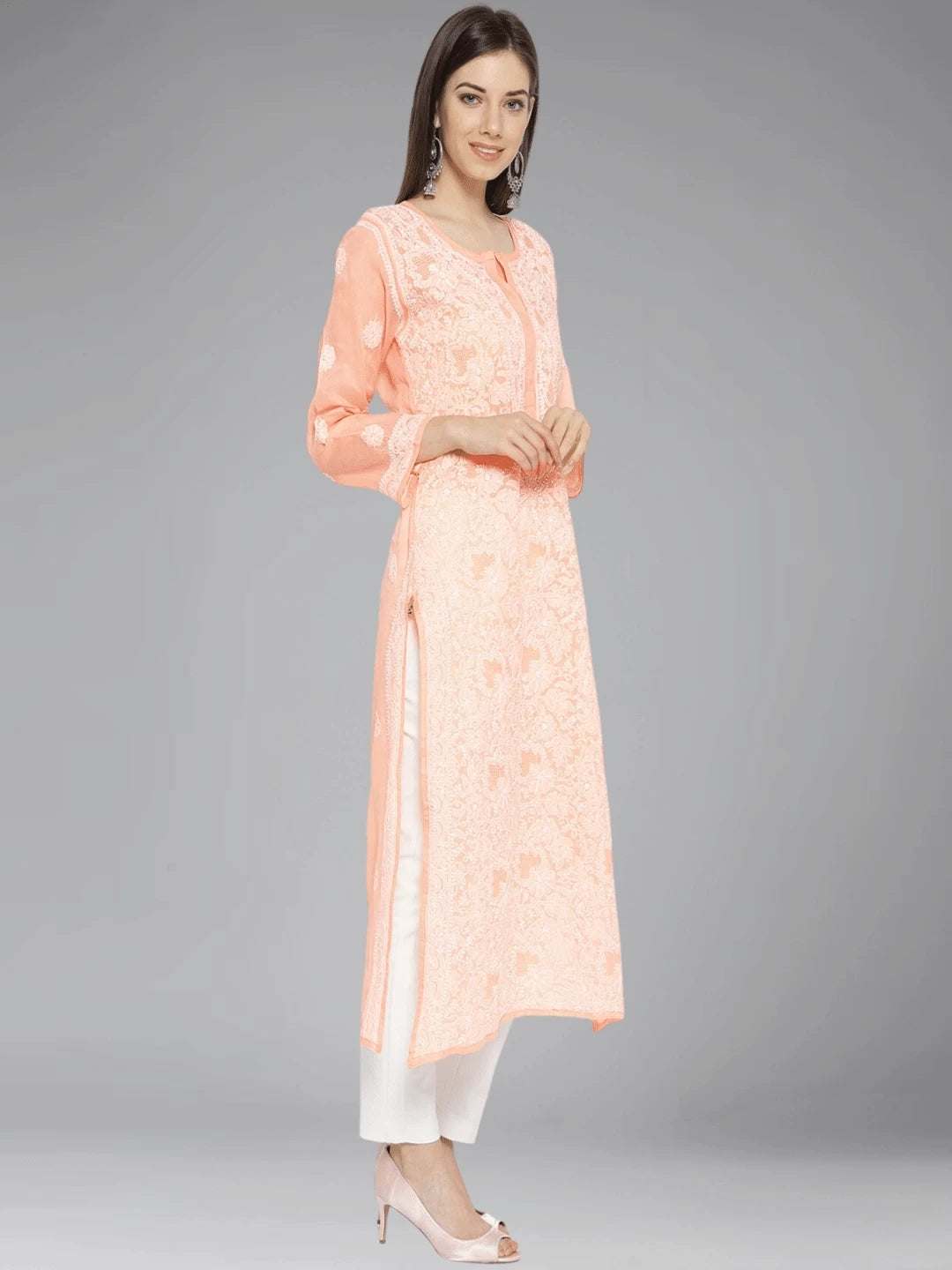 Ada Hand Embroidered Peach Cotton Lucknowi Chikankari Straight Kurta A100125