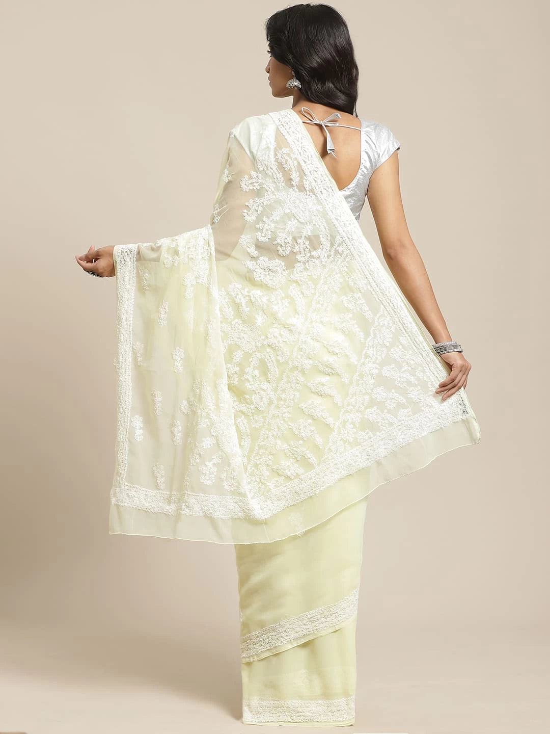 Ada Hand Embroidered Lemon Georgette Lucknowi Chikankari Saree With Blouse A311135