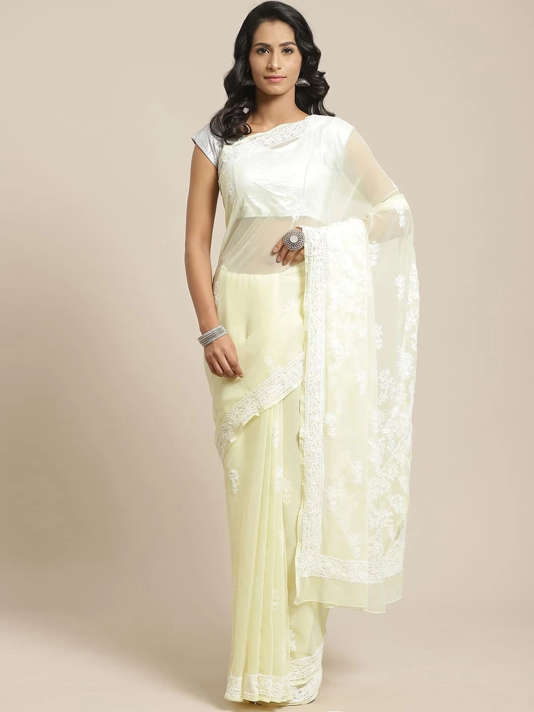 Ada Hand Embroidered Lemon Georgette Lucknowi Chikankari Saree With Blouse A311135