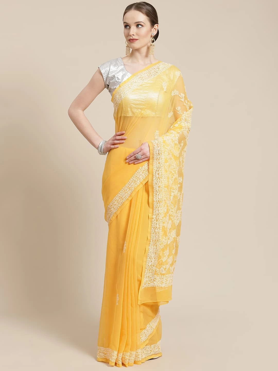 Ada Hand Embroidered Mustard Georgette Lucknow Chikankari Saree With Blouse A483332