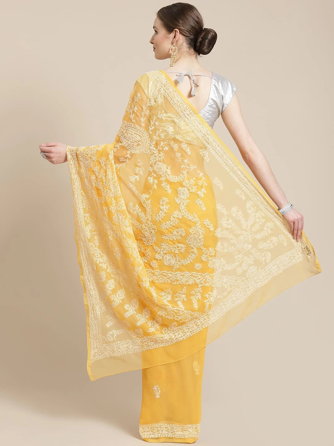 Ada Hand Embroidered Mustard Georgette Lucknow Chikankari Saree With Blouse A483332