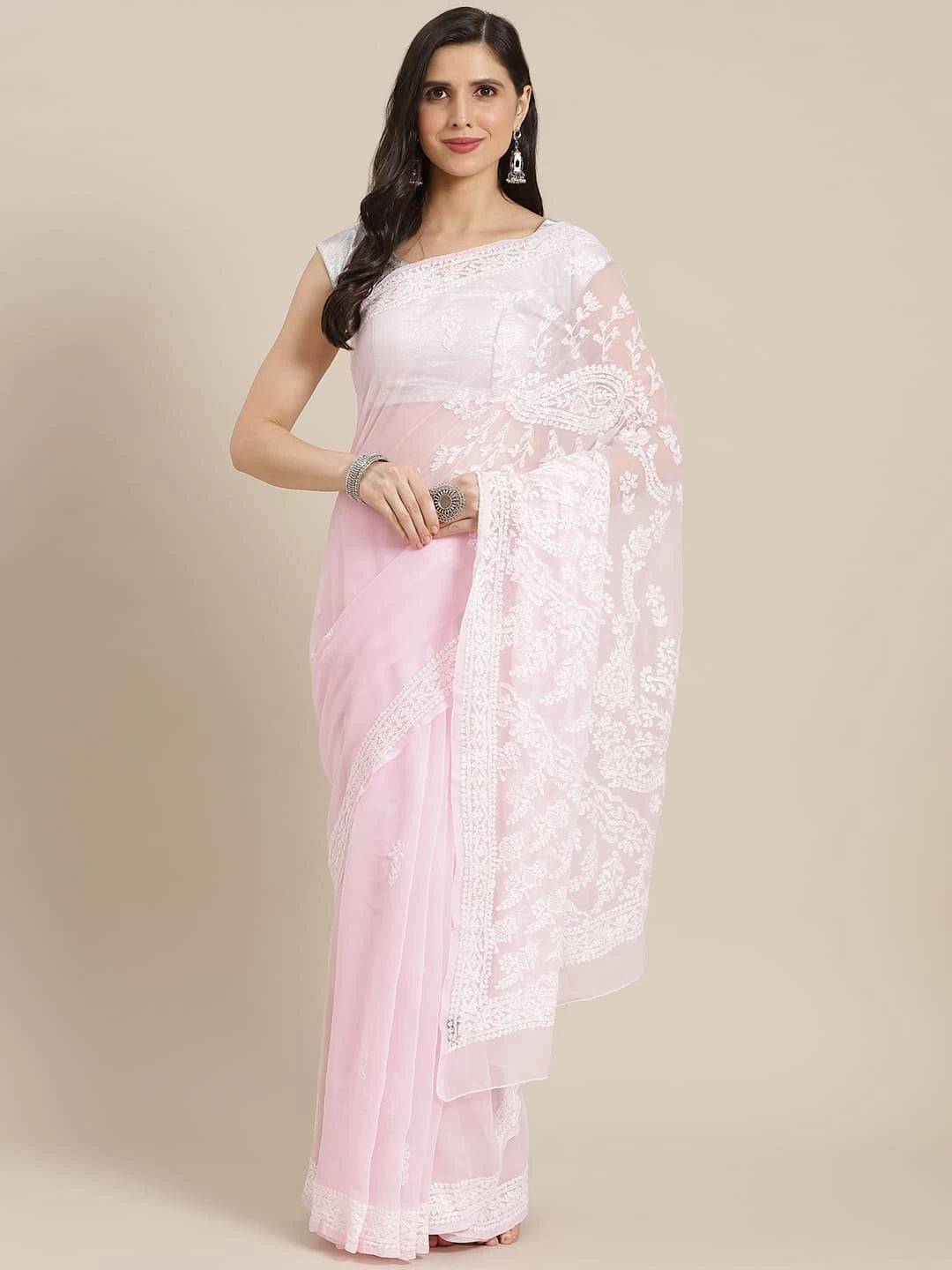 Ada Hand Embroidered Pink Georgette Lucknow Chikankari Saree With Blouse A204502