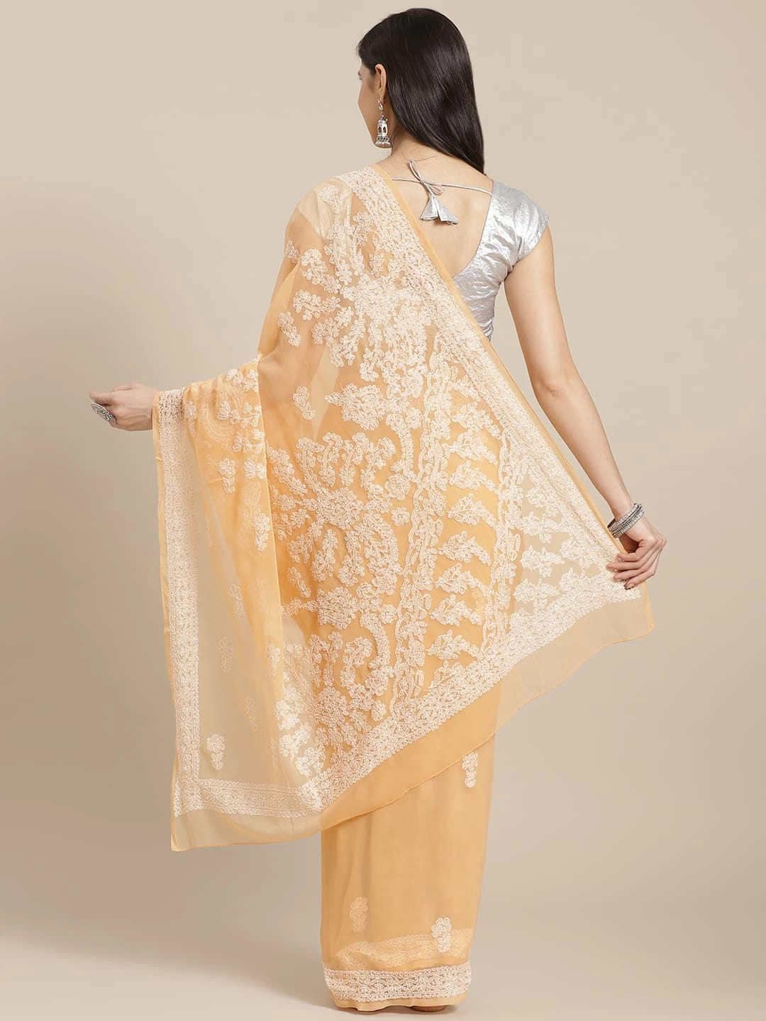 Ada Hand Embroidered Peach Georgette Lucknow Chikankari Saree With Blouse A130213