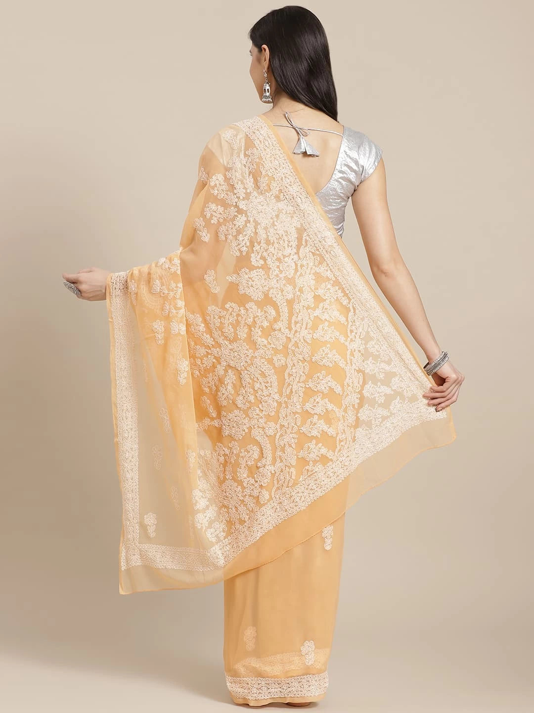 Ada Hand Embroidered Peach Georgette Lucknow Chikankari Saree With Blouse A130213