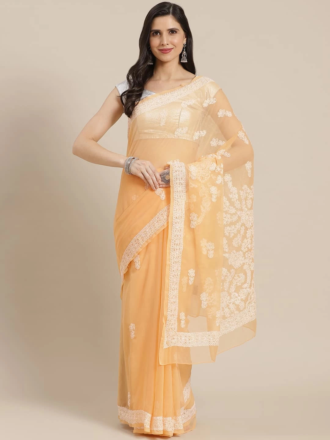 Ada Hand Embroidered Peach Georgette Lucknow Chikankari Saree With Blouse A130213
