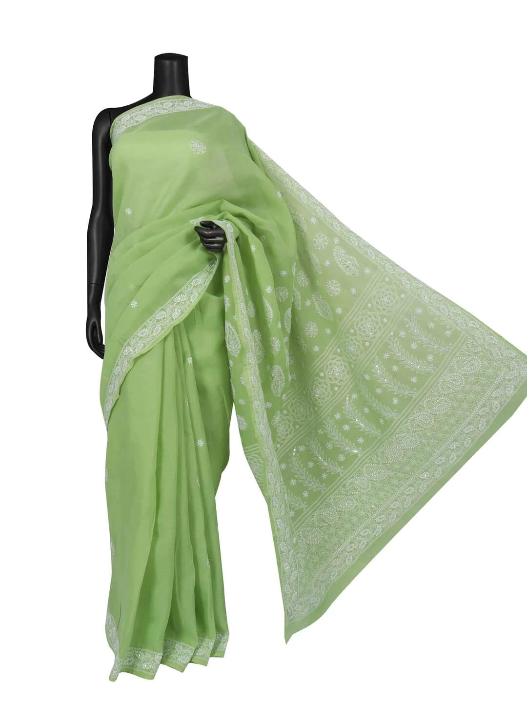 Ada Hand Embroidered Green Cotton Lucknowi Chikankari Saree/Blouse With Pearl Work 01A127181