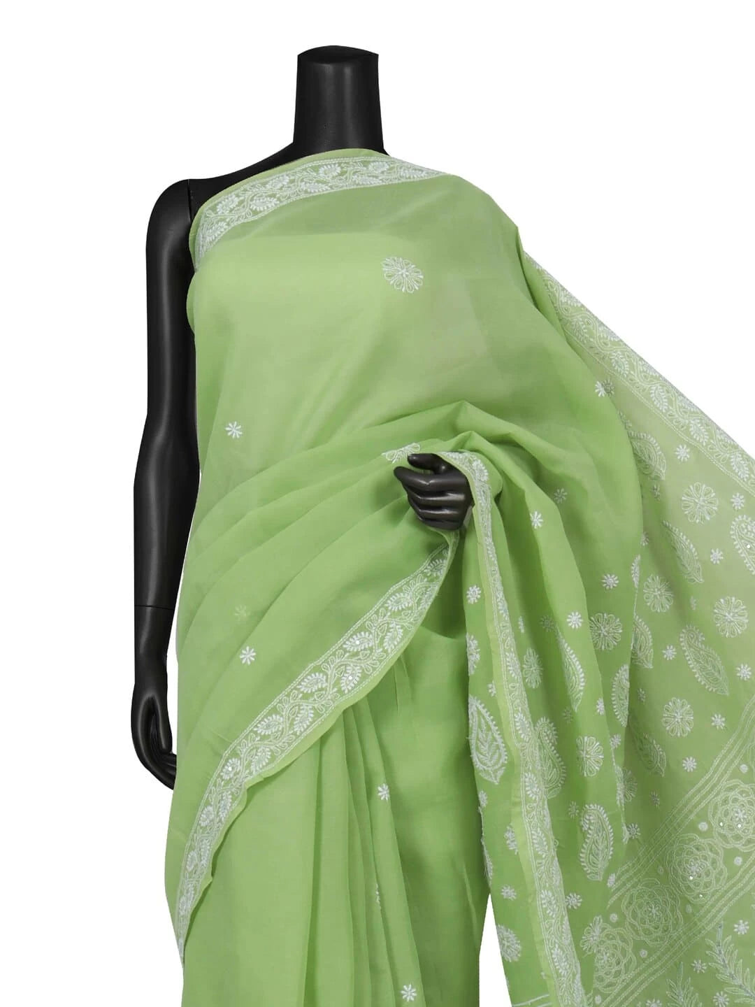 Ada Hand Embroidered Green Cotton Lucknowi Chikankari Saree/Blouse With Pearl Work 01A127181