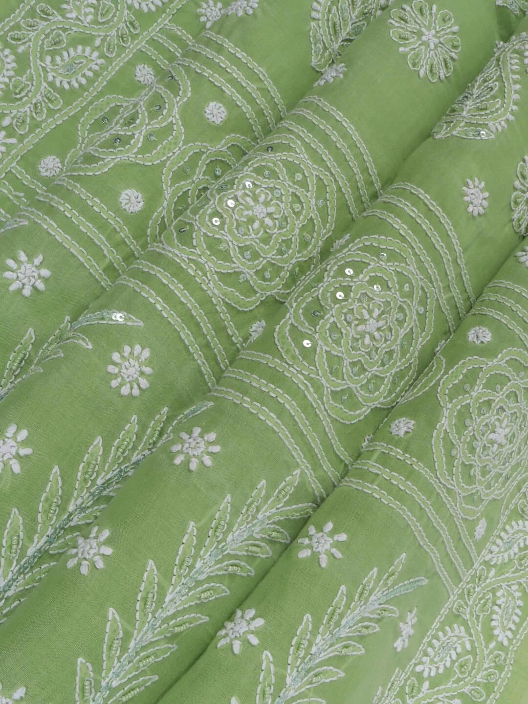 Ada Hand Embroidered Green Cotton Lucknowi Chikankari Saree/Blouse With Pearl Work 01A127181