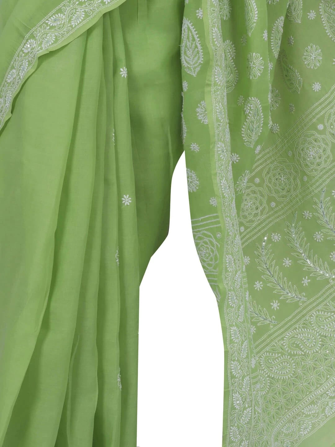 Ada Hand Embroidered Green Cotton Lucknowi Chikankari Saree/Blouse With Pearl Work 01A127181