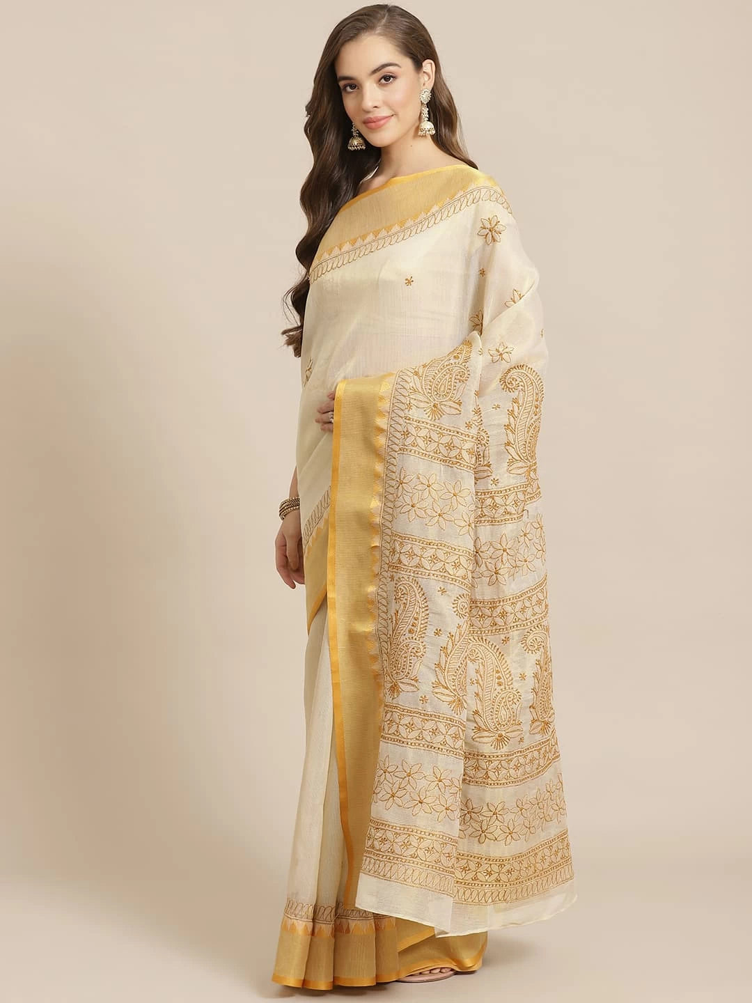 Ada Hand Embroidered Fawn Kota Lucknow Chikankari Saree With Blouse A311257