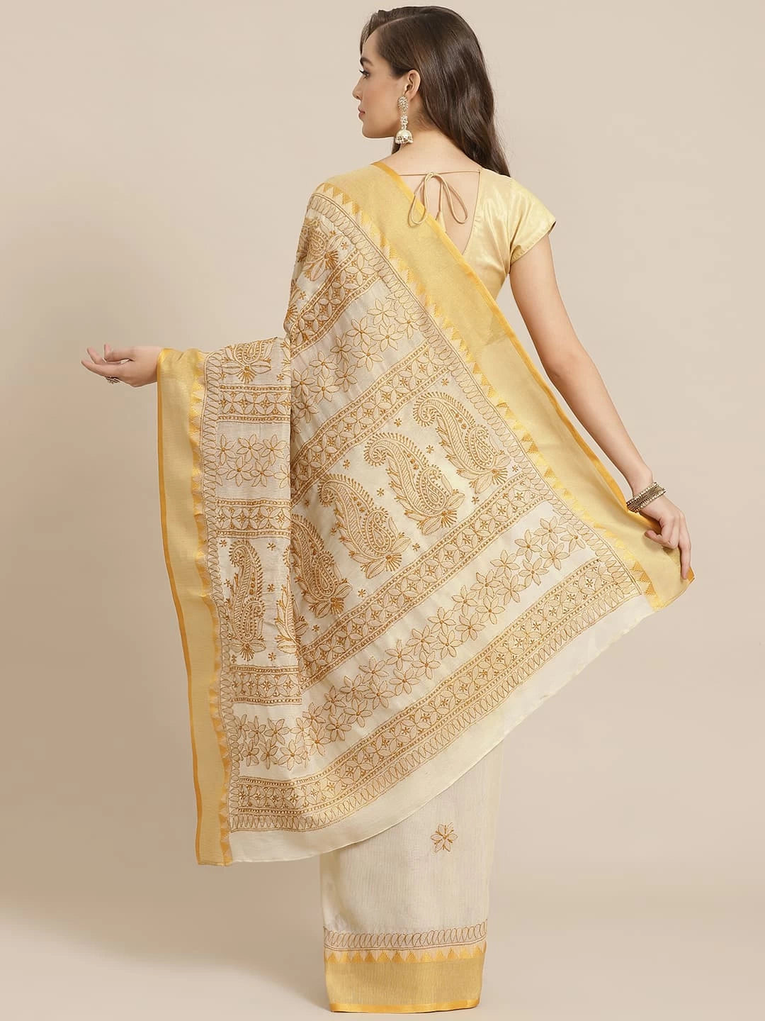 Ada Hand Embroidered Fawn Kota Lucknow Chikankari Saree With Blouse A311257
