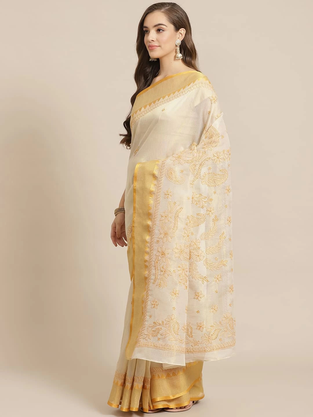Ada Hand Embroidered Fawn Kota Lucknow Chikankari Saree With Blouse A311260