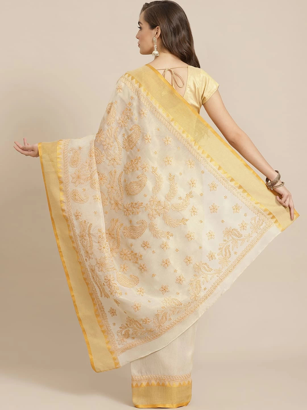 Ada Hand Embroidered Fawn Kota Lucknow Chikankari Saree With Blouse A311260