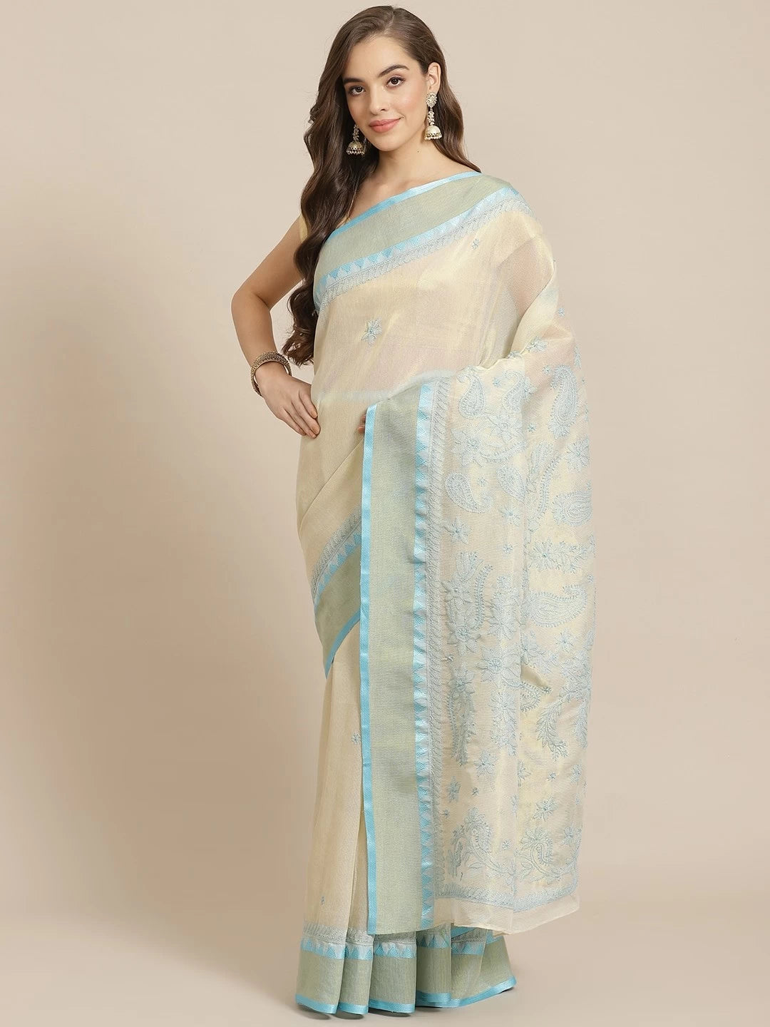 Ada Hand Embroidered Fawn Kota Lucknow Chikankari Saree With Blouse A311262