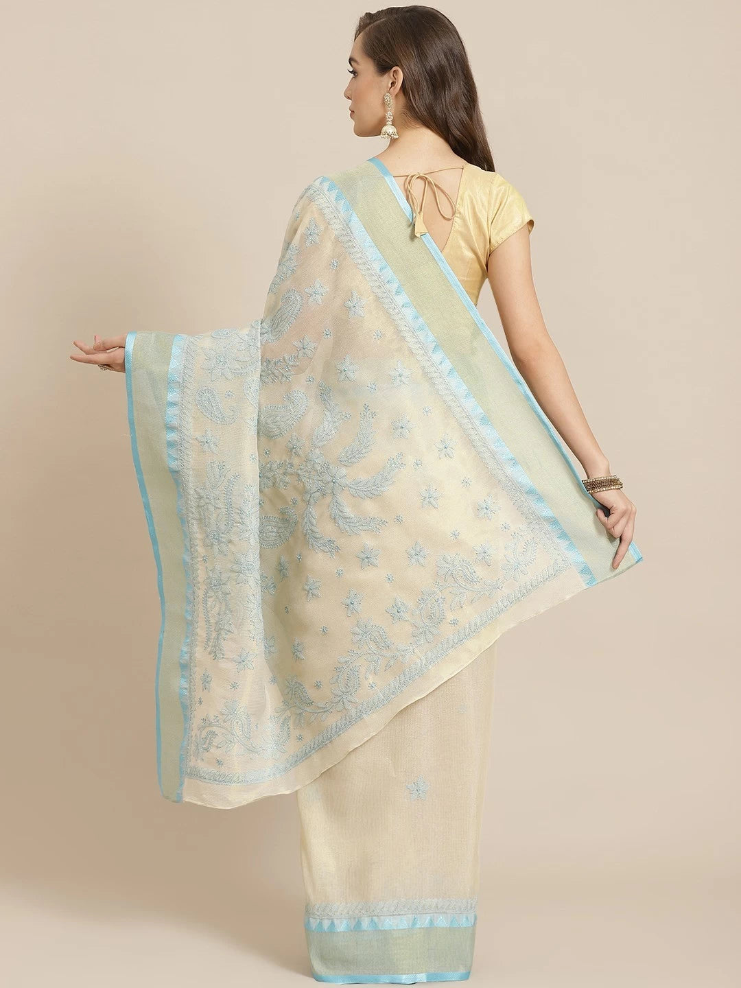 Ada Hand Embroidered Fawn Kota Lucknow Chikankari Saree With Blouse A311262