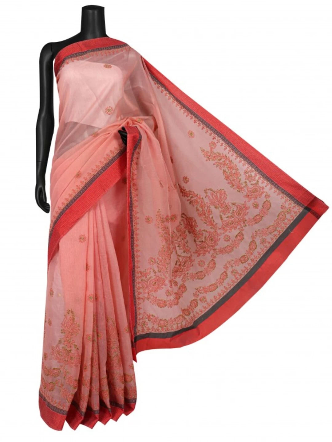 Ada Hand Embroidered Peach Kota Lucknowi Chikankari Saree With Blouse 01A127148