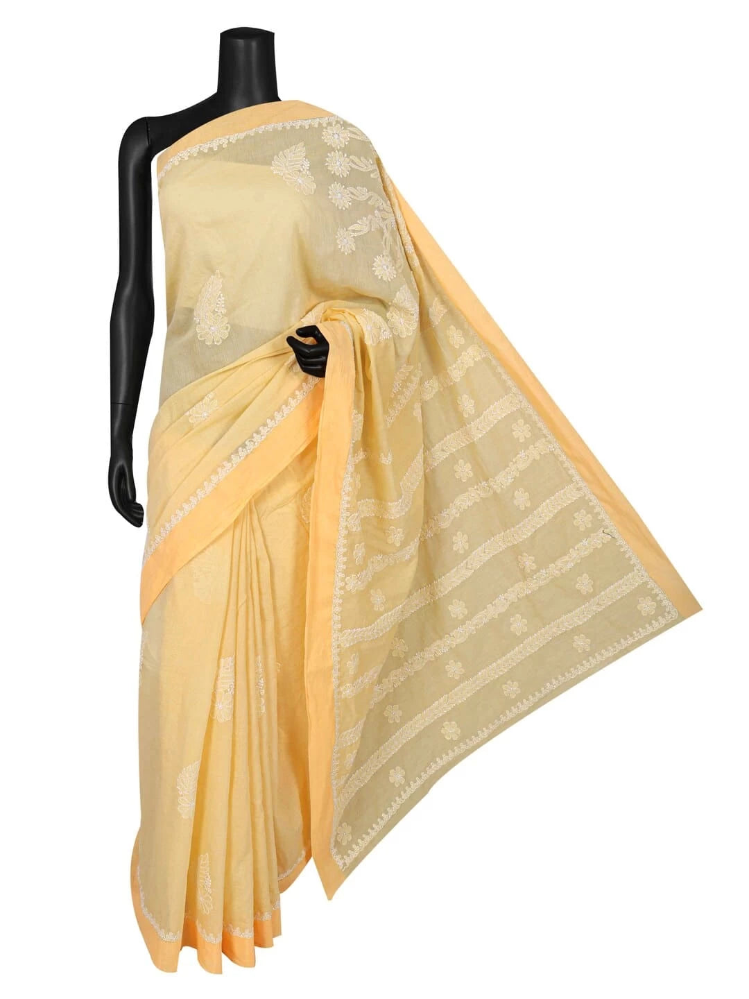 Ada Hand Embroidered Yellow Chanderi Lucknowi Chikankari Saree With Blouse 01A190986