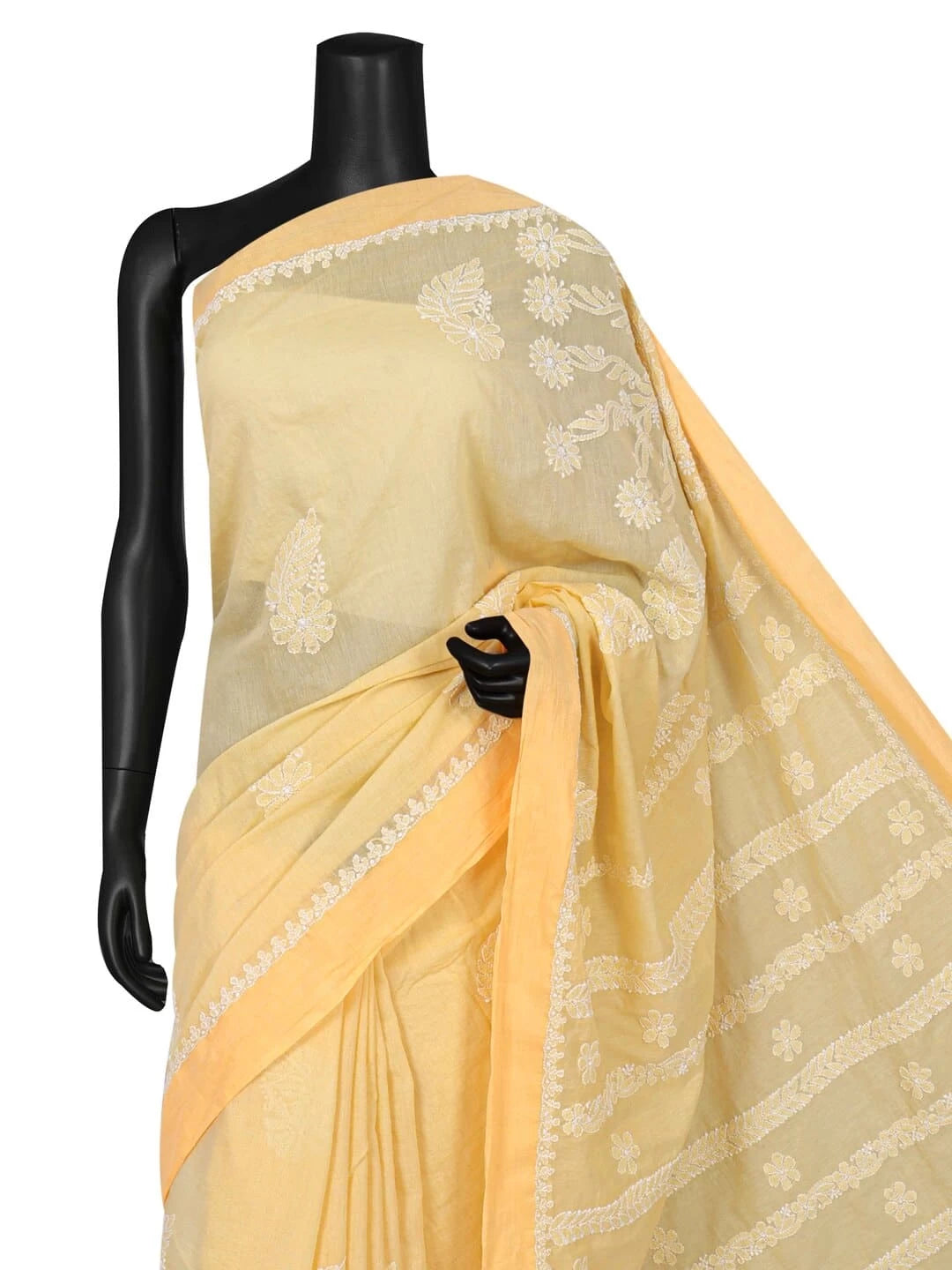 Ada Hand Embroidered Yellow Chanderi Lucknowi Chikankari Saree With Blouse 01A190986
