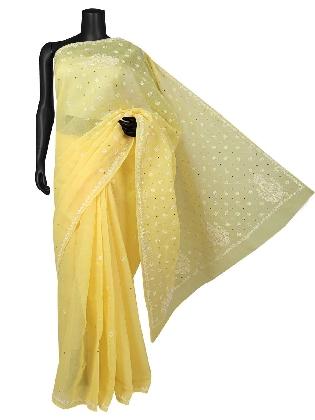 Ada Hand Embroidered Yellow Cotton Lucknowi Chikankari Saree/Blouse With Mirror Work 01A75446