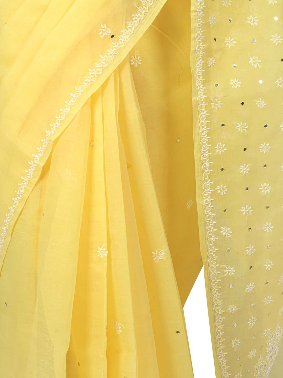 Ada Hand Embroidered Yellow Cotton Lucknowi Chikankari Saree/Blouse With Mirror Work 01A75446