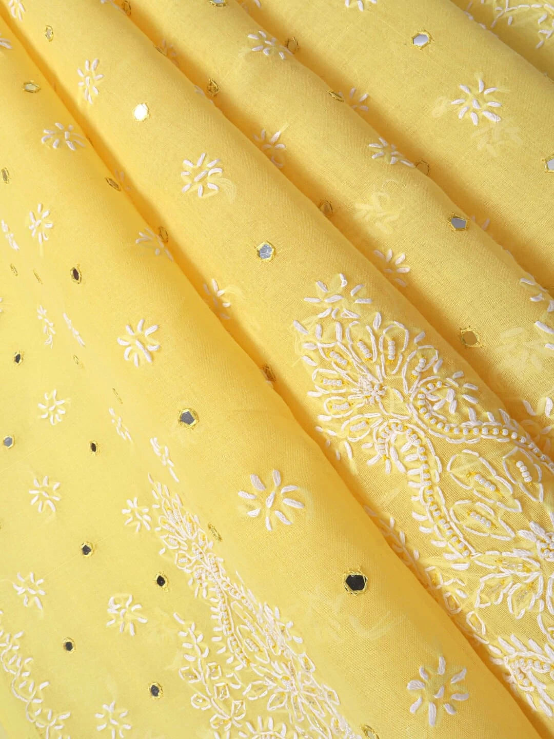 Ada Hand Embroidered Yellow Cotton Lucknowi Chikankari Saree/Blouse With Mirror Work 01A75446