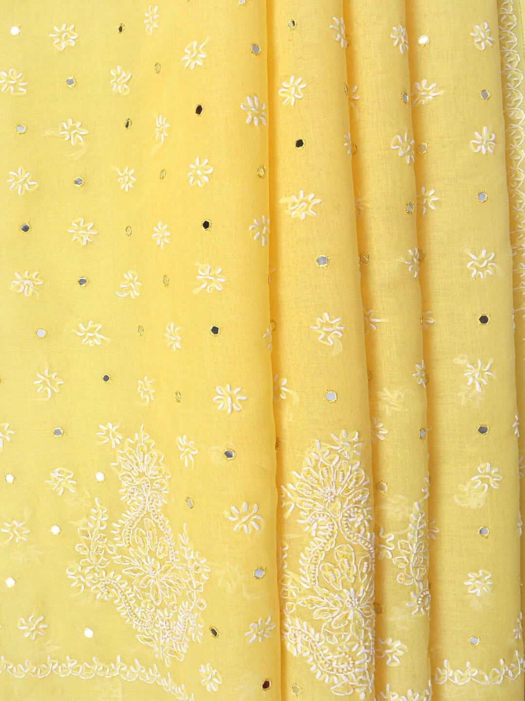 Ada Hand Embroidered Yellow Cotton Lucknowi Chikankari Saree/Blouse With Mirror Work 01A75446