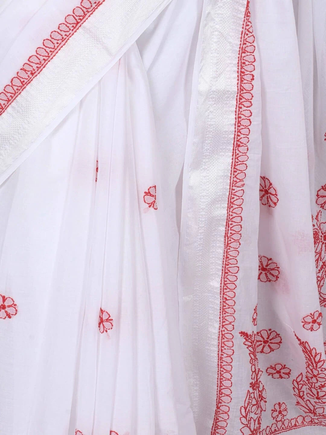 Ada Hand Embroidered White Cotton Lucknowi Chikankari Saree With Blouse 01A240093