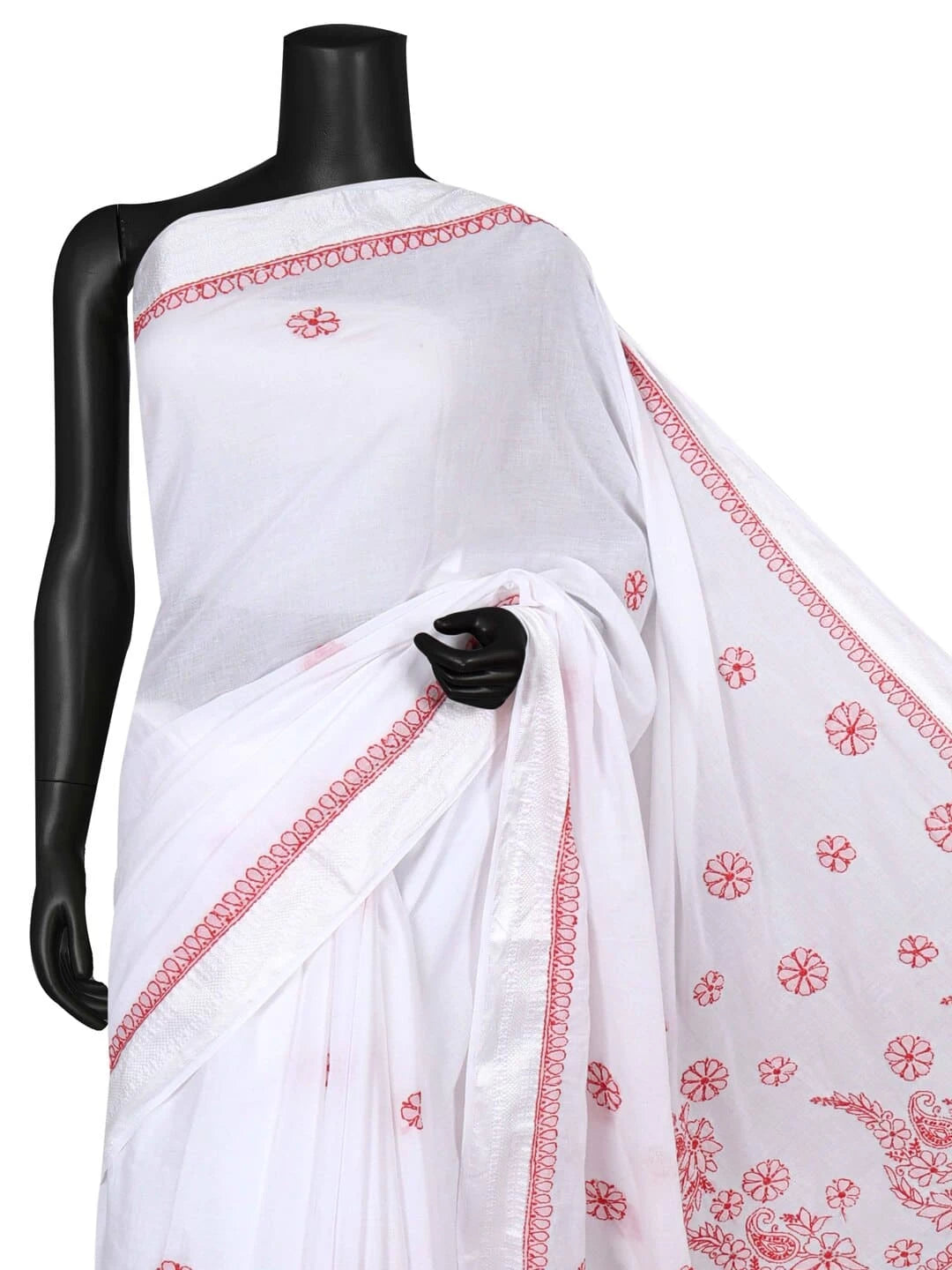Ada Hand Embroidered White Cotton Lucknowi Chikankari Saree With Blouse 01A240093