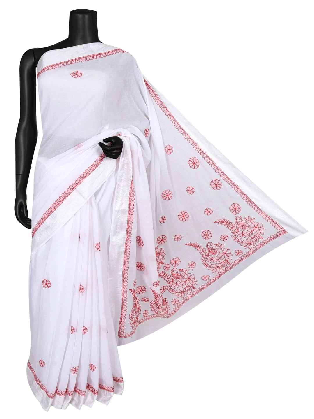 Ada Hand Embroidered White Cotton Lucknowi Chikankari Saree With Blouse 01A240093