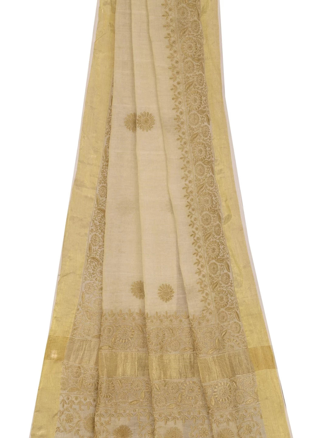 Ada Hand Embroidered Natural Fawn Tissue Lucknowi Chikankari Saree With Blouse A606166