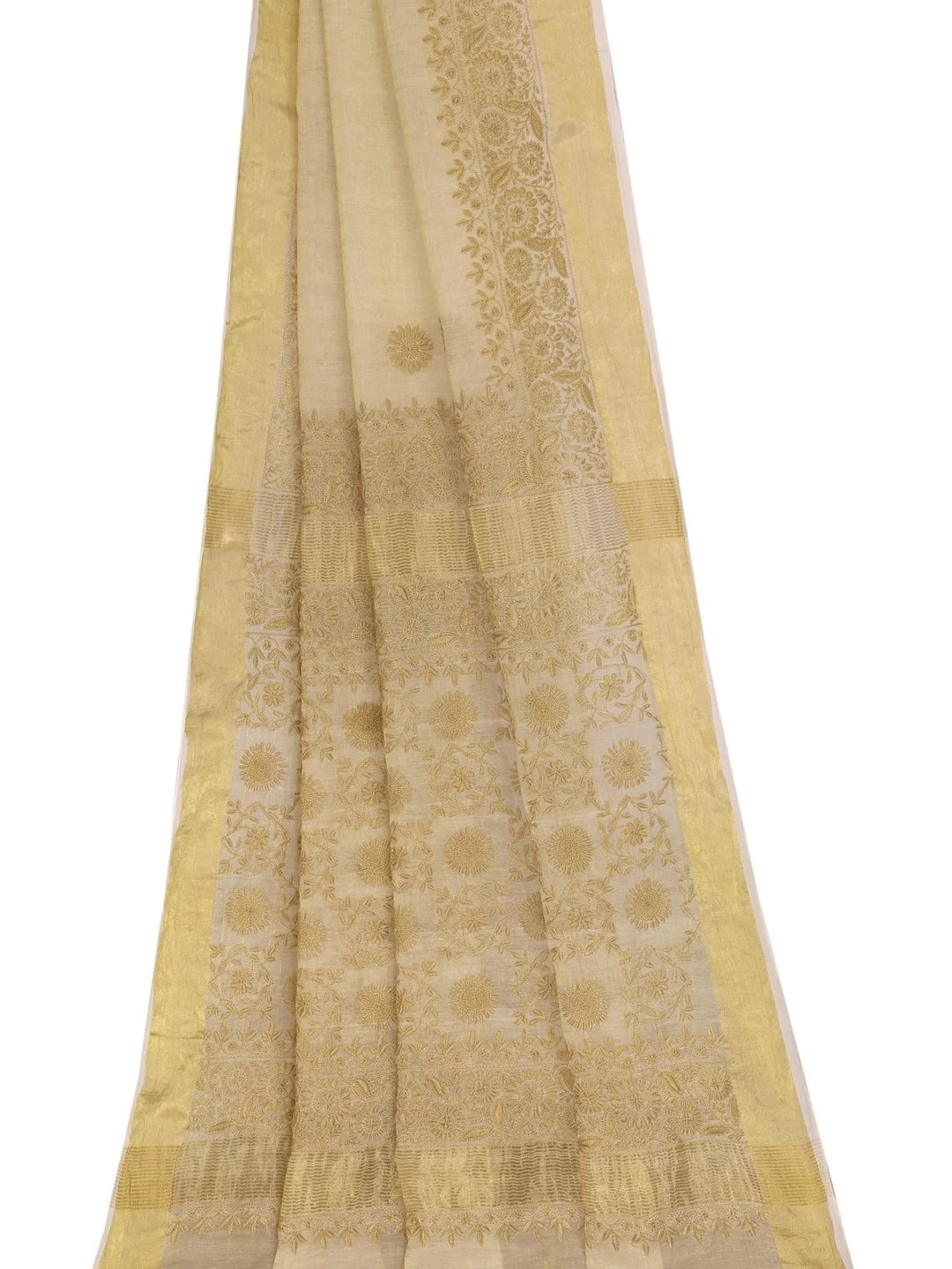Ada Hand Embroidered Natural Fawn Tissue Lucknowi Chikankari Saree With Blouse A606166