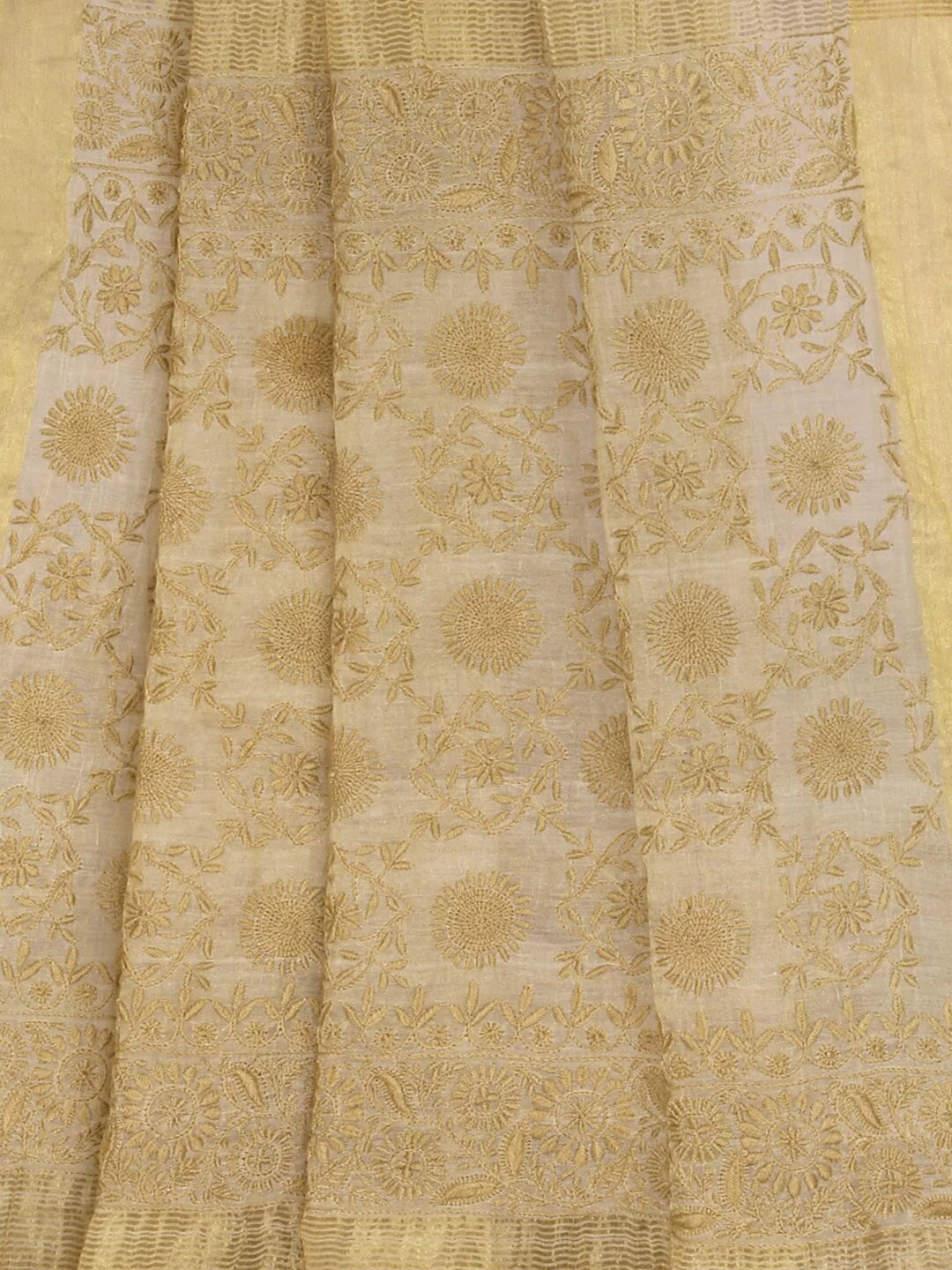 Ada Hand Embroidered Natural Fawn Tissue Lucknowi Chikankari Saree With Blouse A606166