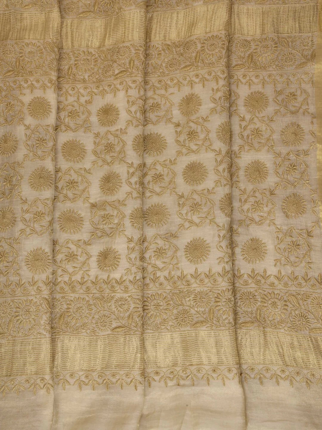 Ada Hand Embroidered Natural Fawn Tissue Lucknowi Chikankari Saree With Blouse A606166