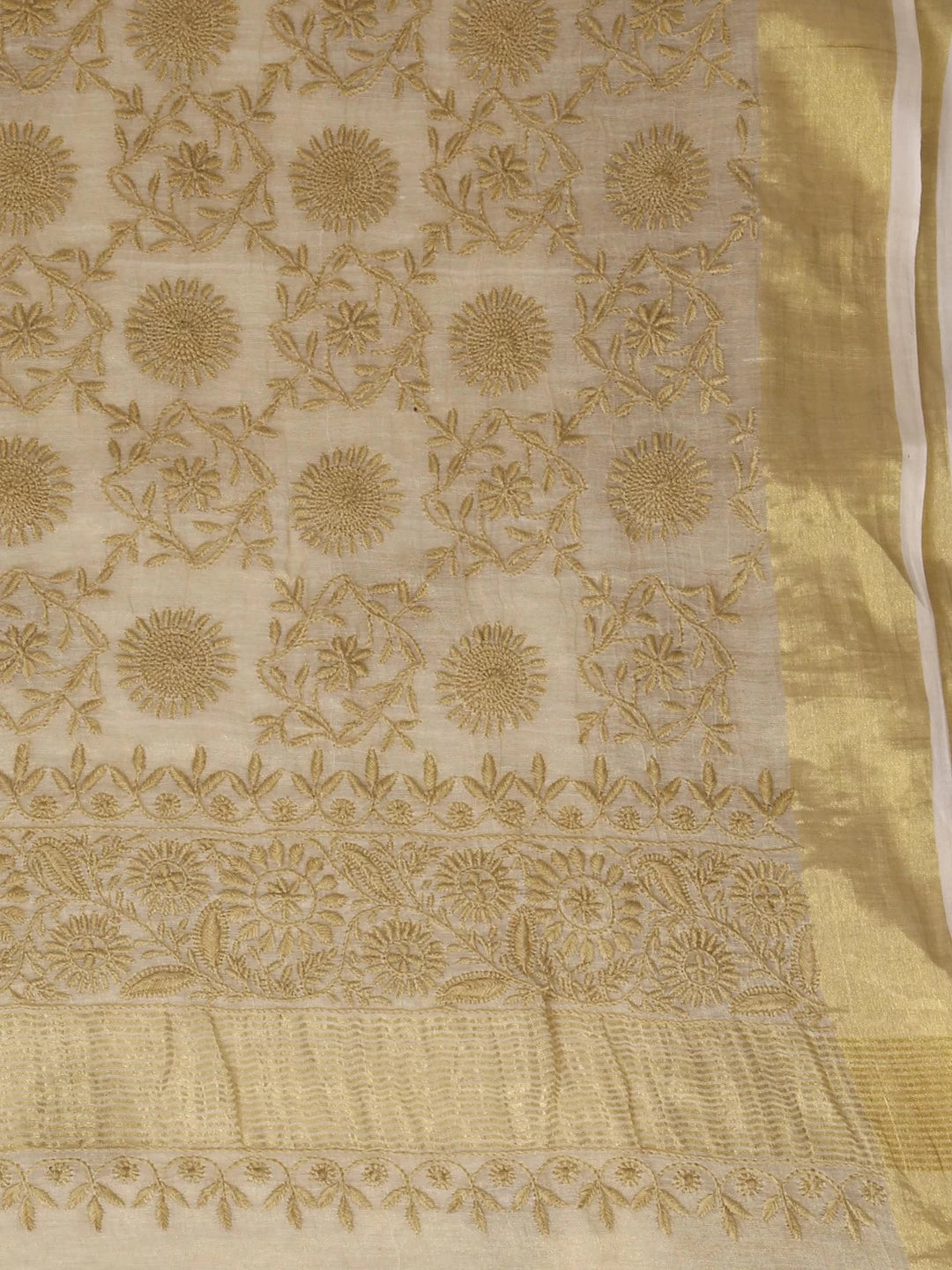 Ada Hand Embroidered Natural Fawn Tissue Lucknowi Chikankari Saree With Blouse A606166