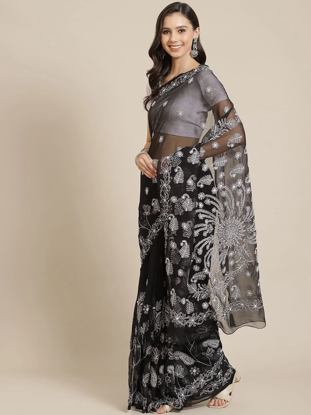 Ada Hand Embroidered Black Georgette Lucknow Chikankari Saree With Blouse A250038