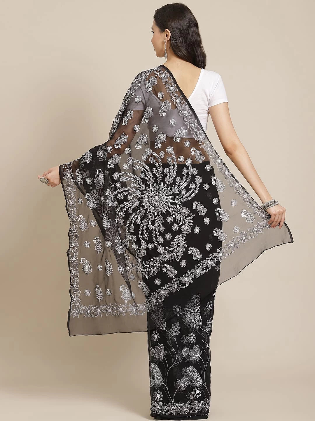 Ada Hand Embroidered Black Georgette Lucknow Chikankari Saree With Blouse A250038
