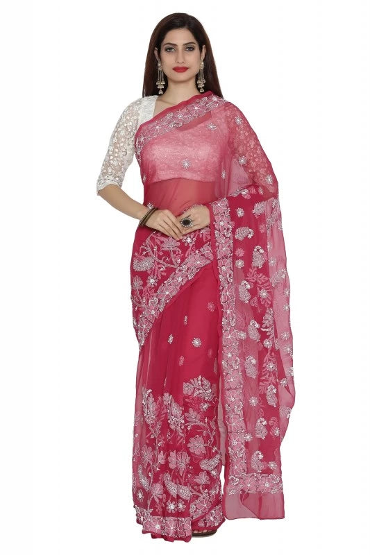 Ada Hand Embroidered Maroon Georgette Lucknowi Chikankari Saree With Blouse A204914